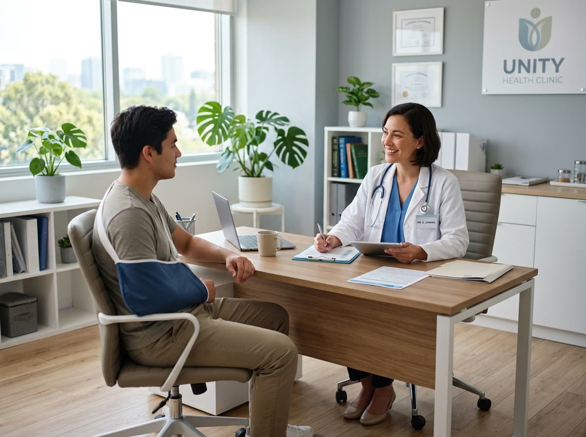 Compassionate doctor consulting with an injured patient during recovery session